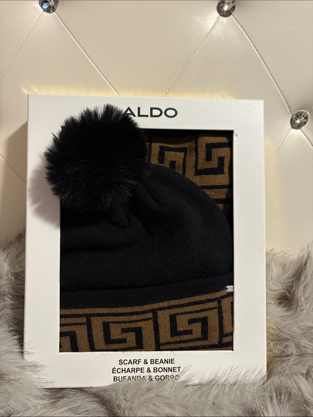 Aldo Black Beanie and Brown Patterned Scarf Set
